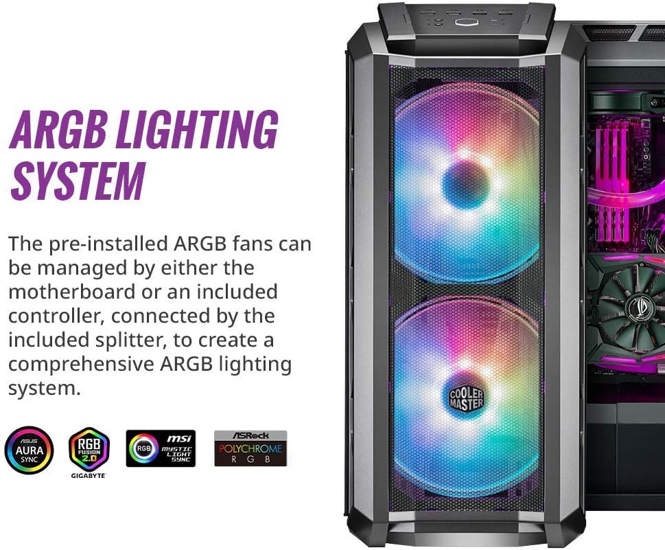 Cooler Master MasterCase H500 ARGB - PC Case with Dual 200mm Fans for High-Volume Airflow, Mesh and Transparent Front Chassis Panels, Flexible ATX Hardware Capacity