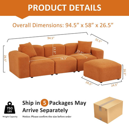 Fangflower L-Shaped Sectional Sofa with Teddy Fabric Reversible Ottoman, Sherpa Futon Couch with 2 Pillows for Living Room Apartment, 94 inch, Orange