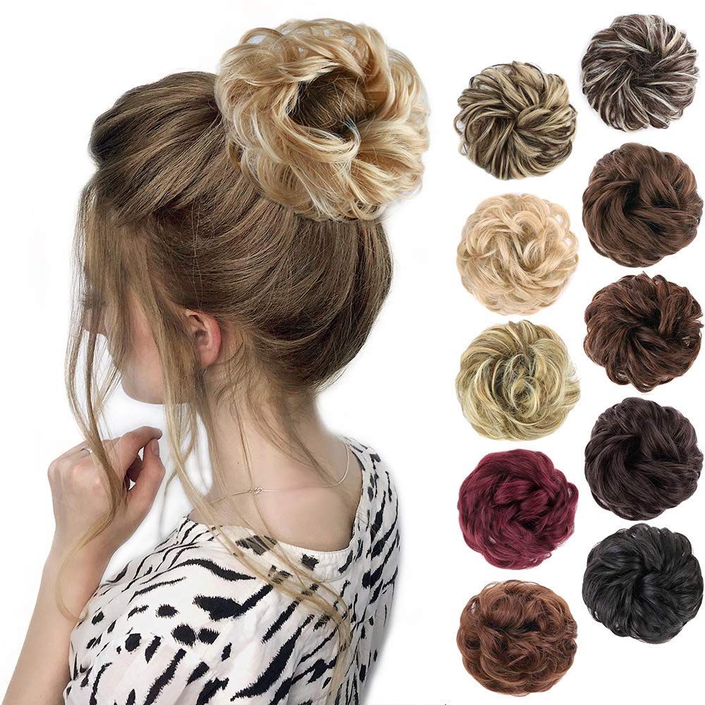 MORICA 1PCS Messy Hair Bun Hair Scrunchies Extension Curly Wavy Messy Synthetic Chignon for Women (12AH613(Light Golden Brown & Lightest Blonde))