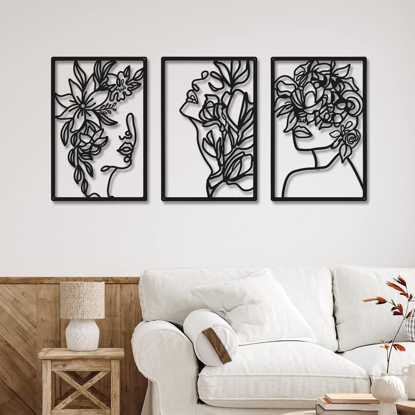 CHENGU 3 Pieces Metal Minimalist Abstract Woman Wall Art Line Drawing Wall Art Decor Single Line Female Home Hanging Wall Art Decor for Kitchen Bathroom Living Room (Black, Hand)