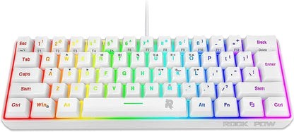 ROCK POW 60% Wired Gaming Keyboard, RGB Backlit Ultra-Compact Mini Keyboard, Waterproof Small Compact 61 Keys Keyboard for PC/Mac Gamer, Typist, Travel, Easy to Carry on Business Trip(Black-White)