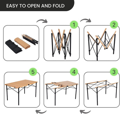 Natural Wood Roll Up Folding Table – Durable and Portable for Picnic, Camping, Beach, Outdoor – BBQ, Pizza Oven Stand – Multifunctional Foldable Table with Carry Bag – Size 120x70x70 cm - W:10 Kg