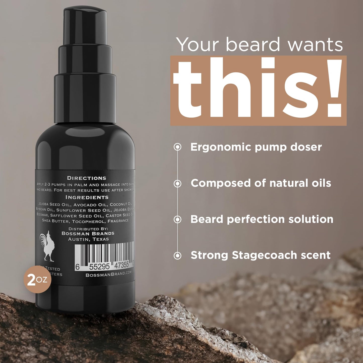 Bossman Brands Beard Oil 2oz All Natural Oils with Essential Oil Scent (Stagecoach)