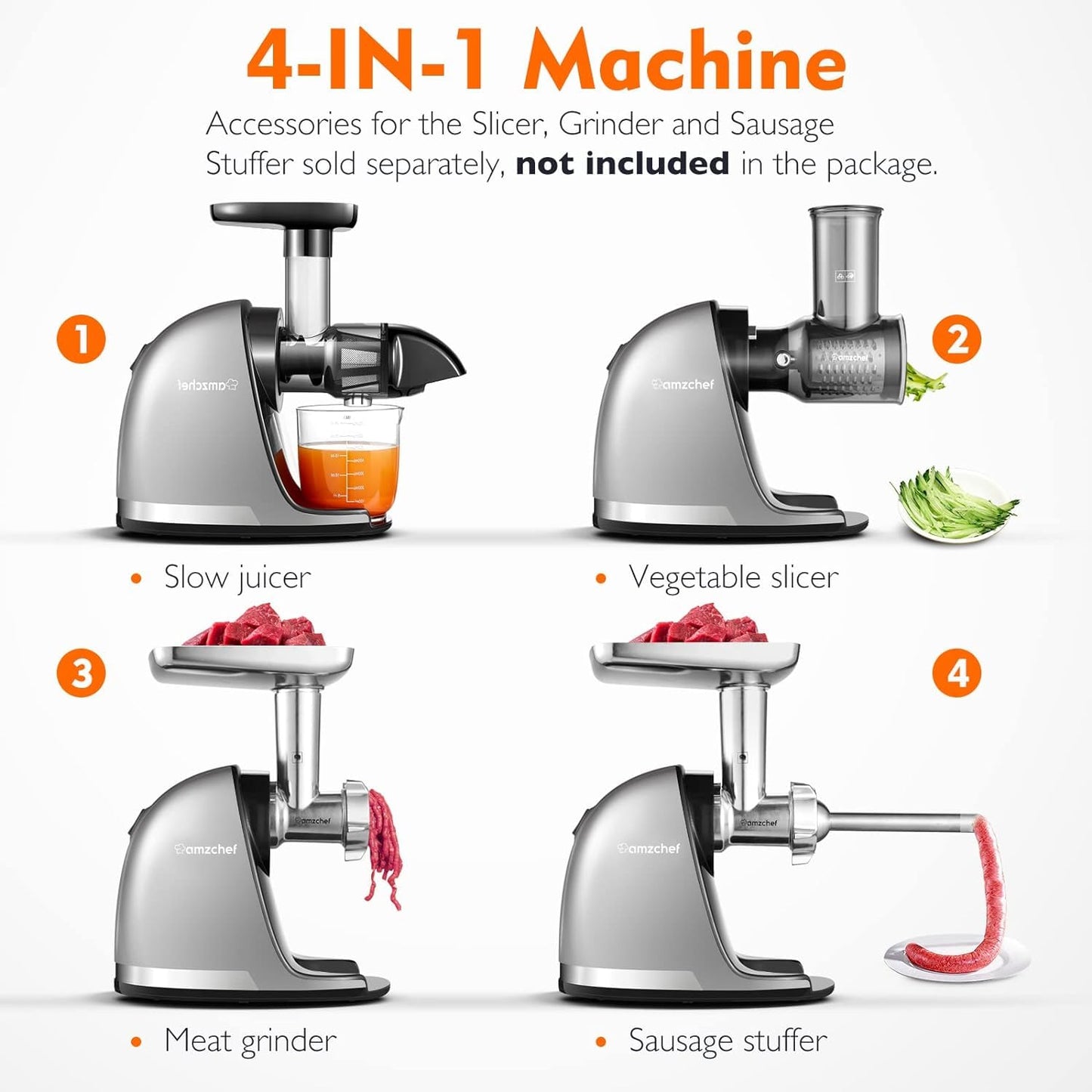 AMZCHEF Juicer Machines - Cold Press Slow Juicer - Masticating Juicer for Whole Fruits and Vegetables - Delicate Chew No Need to Filter - BPA Free Juice Extractor with 2 Cups and Brush - Grey