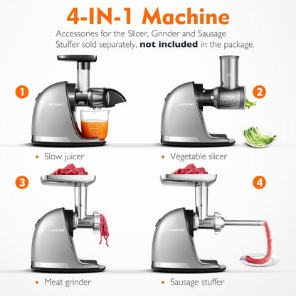 AMZCHEF Juicer Machines - Cold Press Slow Juicer - Masticating Juicer for Whole Fruits and Vegetables - Delicate Chew No Need to Filter - BPA Free Juice Extractor with 2 Cups and Brush - Grey