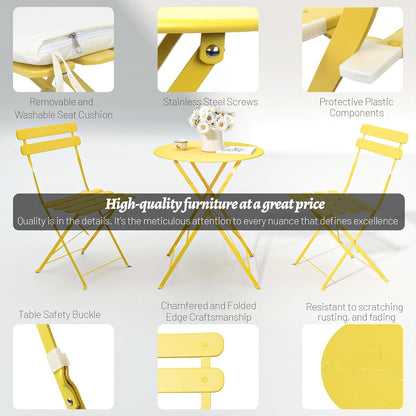 Breezluxe Patio Bistro Set Outdoor Furniture Set Folding Bistro Table and Chairs Conversation Sets for Bistro Balcony Porch Yard Garden(Yellow with Cushion)