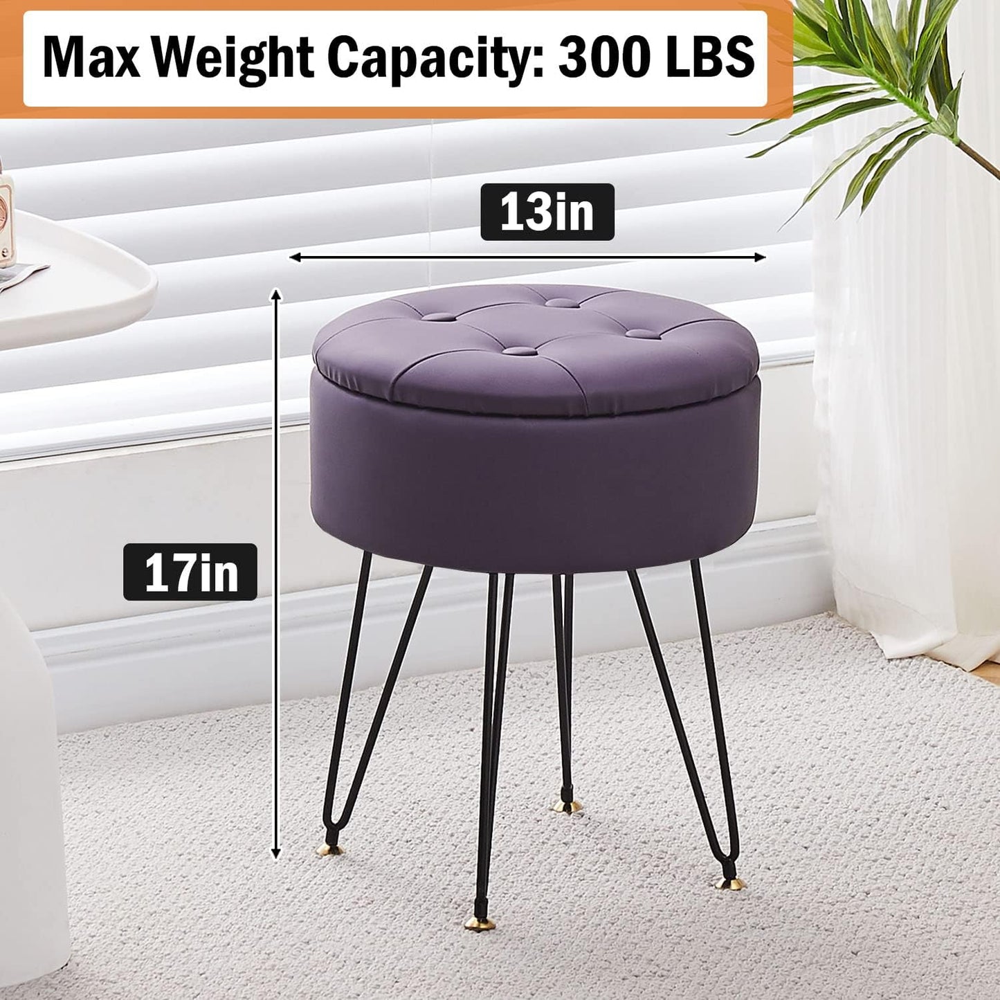 Cpintltr Faux Leather Storage Ottoman Round Footrest Stool Multifunctional Upholstered Ottoman with Metal Legs Modern Vanity Stools Tray Top Coffee Table Suitable for Living Room Bedroom Black