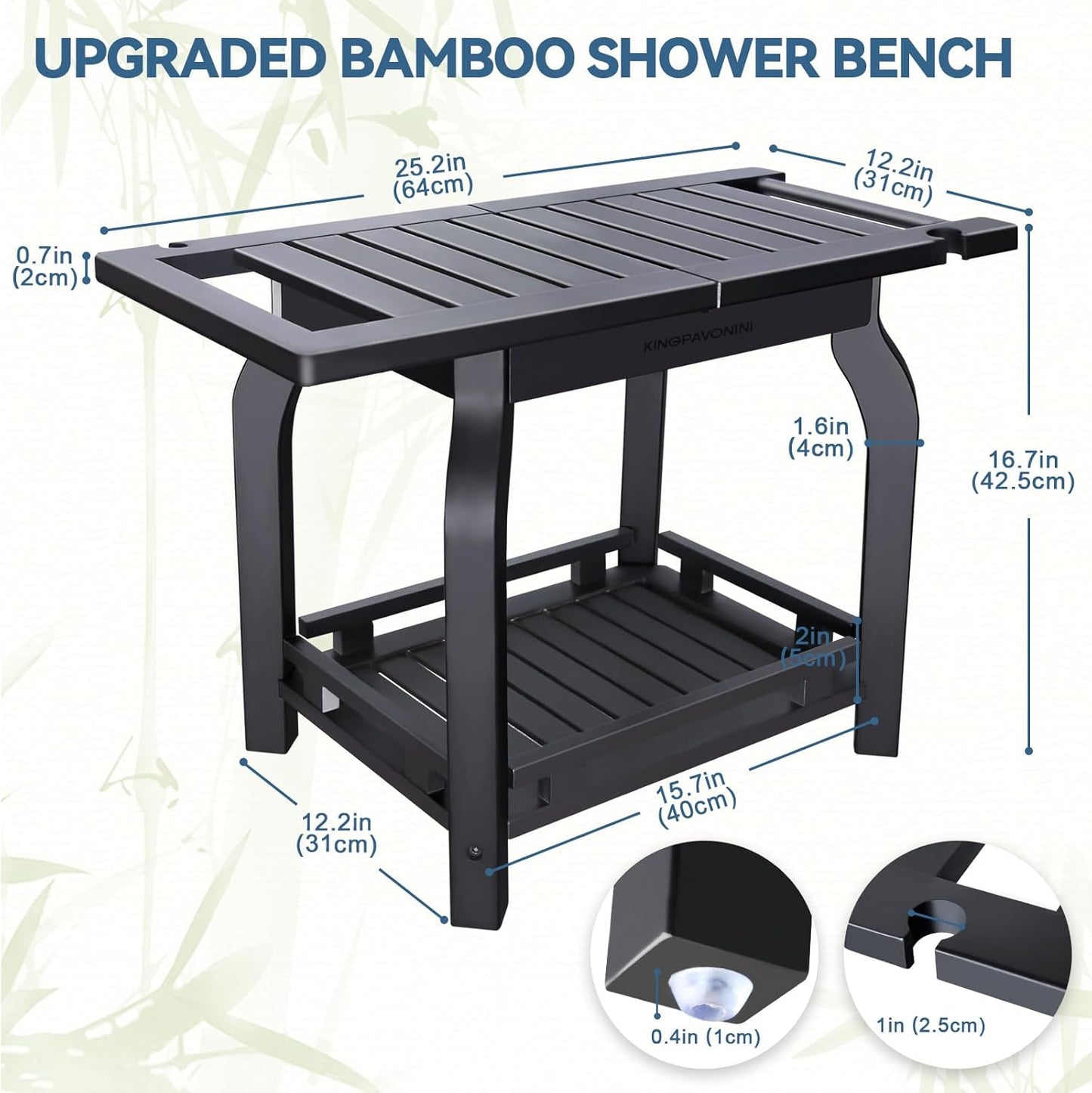 KingPavonini 2-Tier Bamboo Shower Bench for Inside Shower Shaving Legs, 25 Inch Waterproof Bathroom Bench Shower Stool with Storage Shelf, Safe & Stable for Seniors Adults Disabled Women (Black)