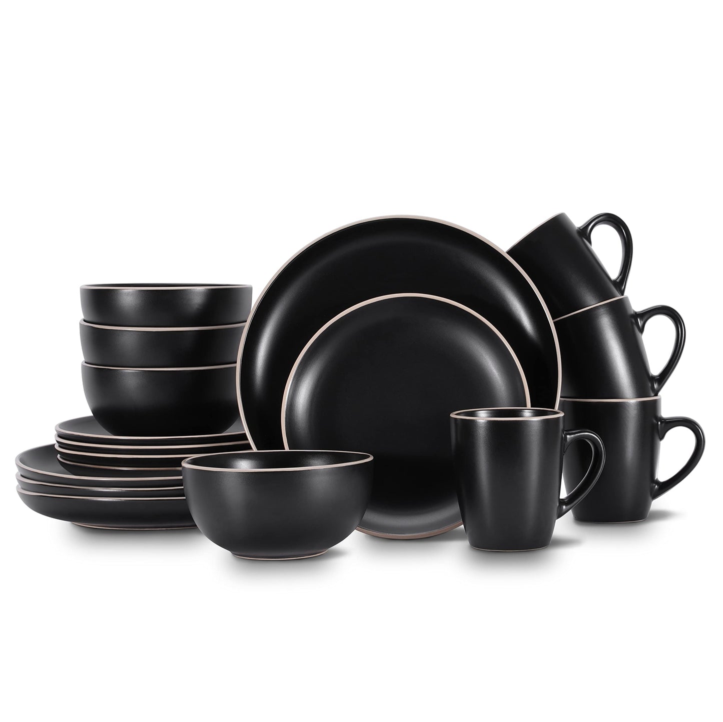 BOBOYM Dinnerware Set,16 Piece White Round A grade Stoneware Dinnerware Set for 4, Kitchen Plates And Bowls Set with Mugs,black dinnerware set