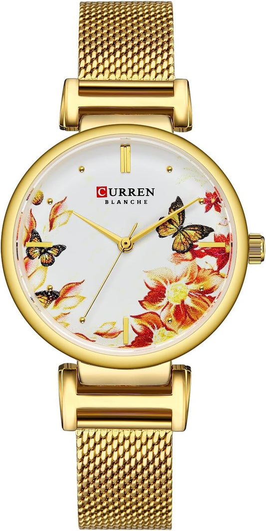 Ladies Analog Watch Gold Stainless Steel Case Floral Design Dial Gold Stainless Steel Bracelet, Gold, bracelet