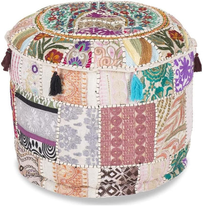 Aakriti Gallery Indian Pouf Footstool Ethnic Embroidered Pouf Cover, Indian Cotton Round Pouffe Ottoman Pouf Cover Pillow Ethnic Decor Art - Cover Only (Yellow, 18x13)