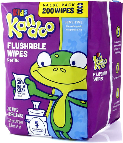 Flushable Wipes for Baby and Kids by Kandoo, Unscented for Sensitive Skin, Hypoallergenic Potty Training Wet Cleansing Cloths, 200 Count, Single Package