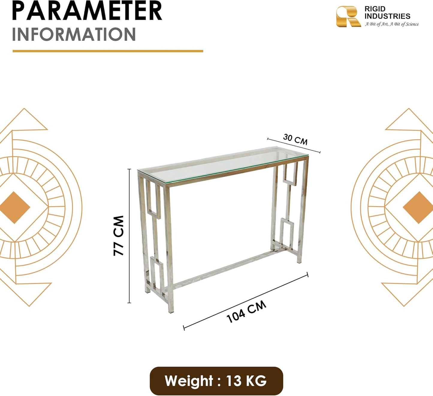 RIGID Console Table | Corner End Table with Stainless Steel Frame and Glass Top for Living Room, Office