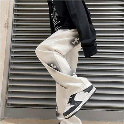 Men Jeans Baggy Straight Relaxed Cargo Work Pants With Pockets, Men's Loose Hip-hop Printed Baggy Denim Jeans