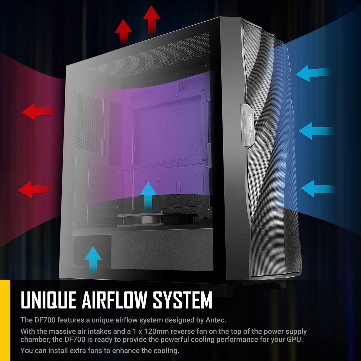 Antec Dark Phantom Dp502 Flux, Mid Tower Atx Gaming Case, Tempered Glass Side Panel, Swing Open Front Panel & Led Strips, F-Lux Platform, 3 X 120 Mm Argb, 1 X 120 Mm Reverse & 1 X 120 Mm Fans Included