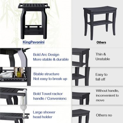 KingPavonini 2-Tier Bamboo Shower Bench for Inside Shower Shaving Legs, 25 Inch Waterproof Bathroom Bench Shower Stool with Storage Shelf, Safe & Stable for Seniors Adults Disabled Women (Black)