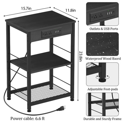 Nightstand with Charging Station End Table with USB Ports and Power Outlets Side Tables Bedroom with Storage Shelves Industrial End Table 3 Tier in Living Room Bedside, Brown