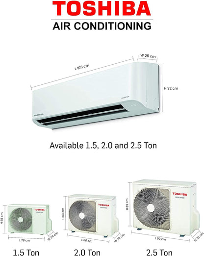 Toshiba hi-wall split Inverter Air conditioner, Energy Efficient, Low Noise, Japanese technology, 5 years Compressor Warranty.