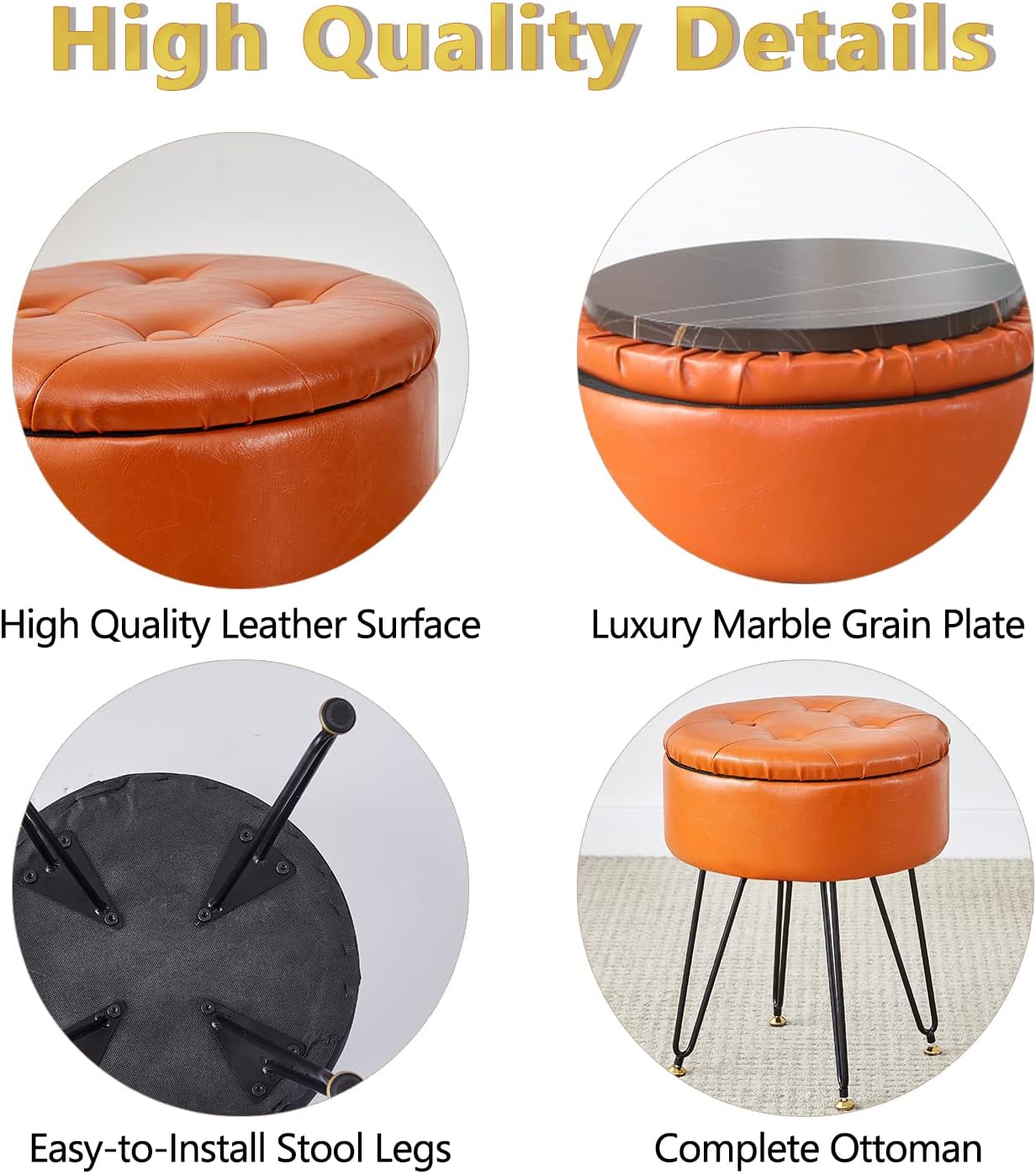 Cpintltr Faux Leather Storage Ottoman Round Footrest Stool Multifunctional Upholstered Ottoman with Metal Legs Modern Vanity Stools Tray Top Coffee Table Suitable for Living Room Bedroom Black