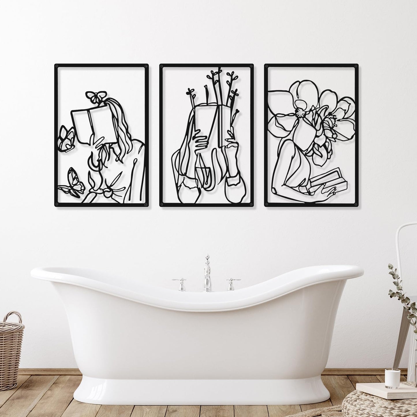 CHENGU 3 Pieces Metal Minimalist Abstract Woman Wall Art Line Drawing Wall Art Decor Single Line Female Home Hanging Wall Art Decor for Kitchen Bathroom Living Room (Black, Hand)