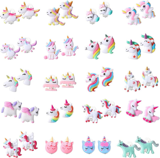 Hifot 20 Pairs Unicorn Clip on Earrings for Kids, Cute Colorful Unicorn Clip on Ear Rings Toddler Girls Princess Pretend Play Dress Up Jewelry