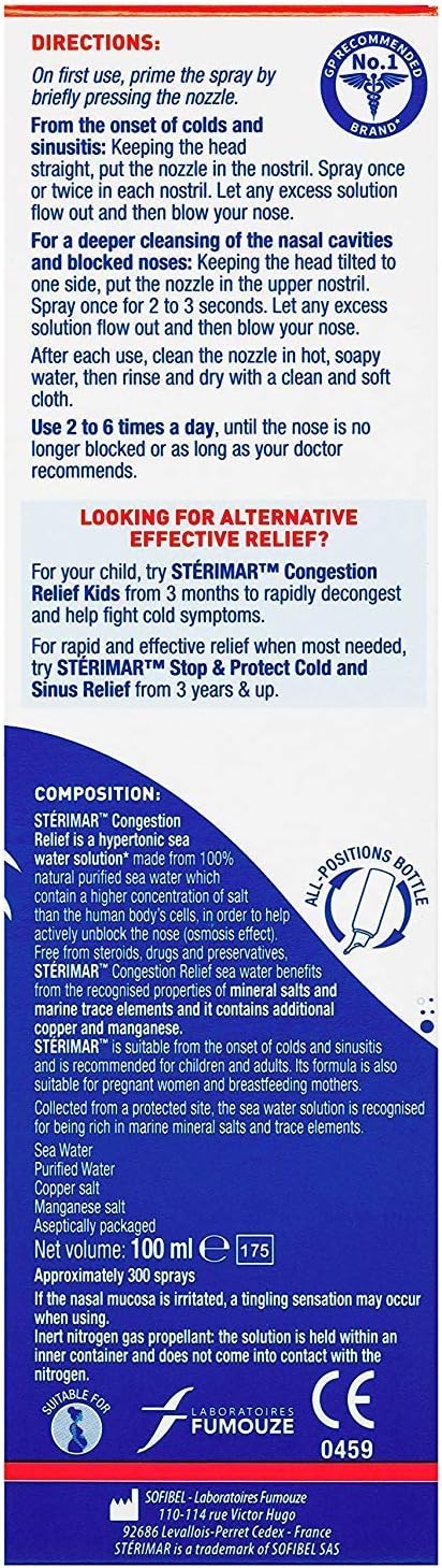 Sterimar Nasal Spray - Congestion Relief - Natural Sea Water with Copper & Magnesium - 100ml - Pack of 2