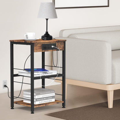 Nightstand with Charging Station End Table with USB Ports and Power Outlets Side Tables Bedroom with Storage Shelves Industrial End Table 3 Tier in Living Room Bedside, Brown