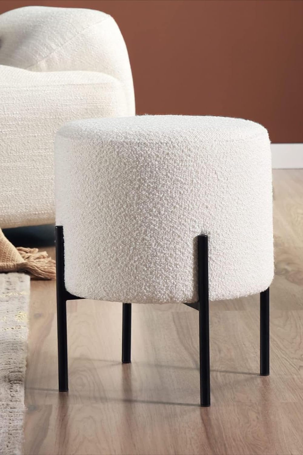 Smart style Luxury Bouclee Round Foot Stool Ottoman Pouf - Plush and Stylish Home Decor Accent (white) footrest footstool ottoman for use living dinning kitchen bedroom kids room