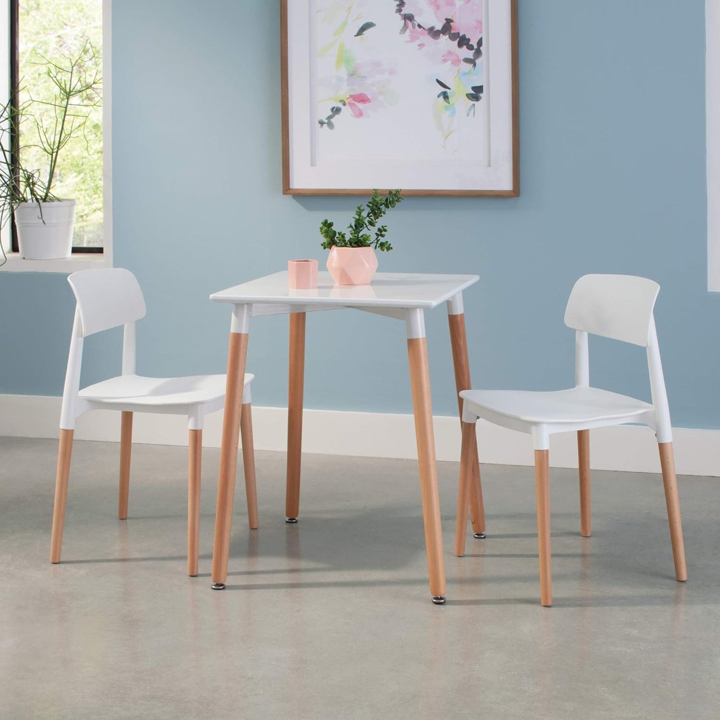 161 Collection by OFM Mid Century 4 Pack Modern 18" Plastic Molded Dining Chairs, Solid Natural Wood Legs, In White