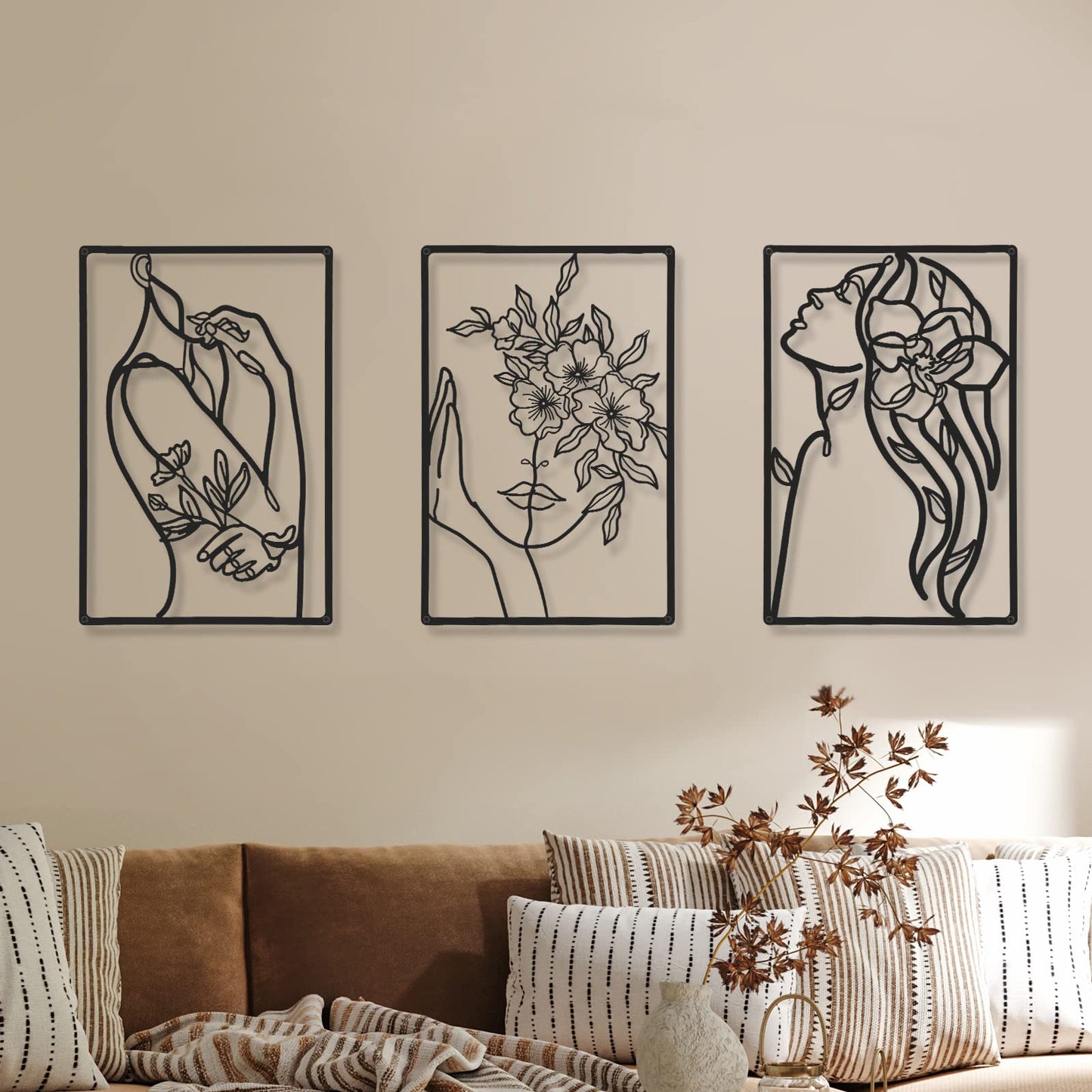 CHENGU 3 Pieces Metal Minimalist Abstract Woman Wall Art Line Drawing Wall Art Decor Single Line Female Home Hanging Wall Art Decor for Kitchen Bathroom Living Room (Black, Hand)