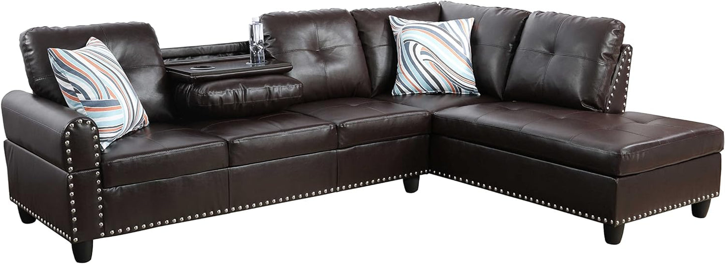 UBGO Sectional Living Room Furniture, L-Shape Couch with Ottomans and Chaise Lounge,Faux Synthetic Leather Nailhead Trim w/Cup Holders,3-Piece Sofa Set, Brown-B