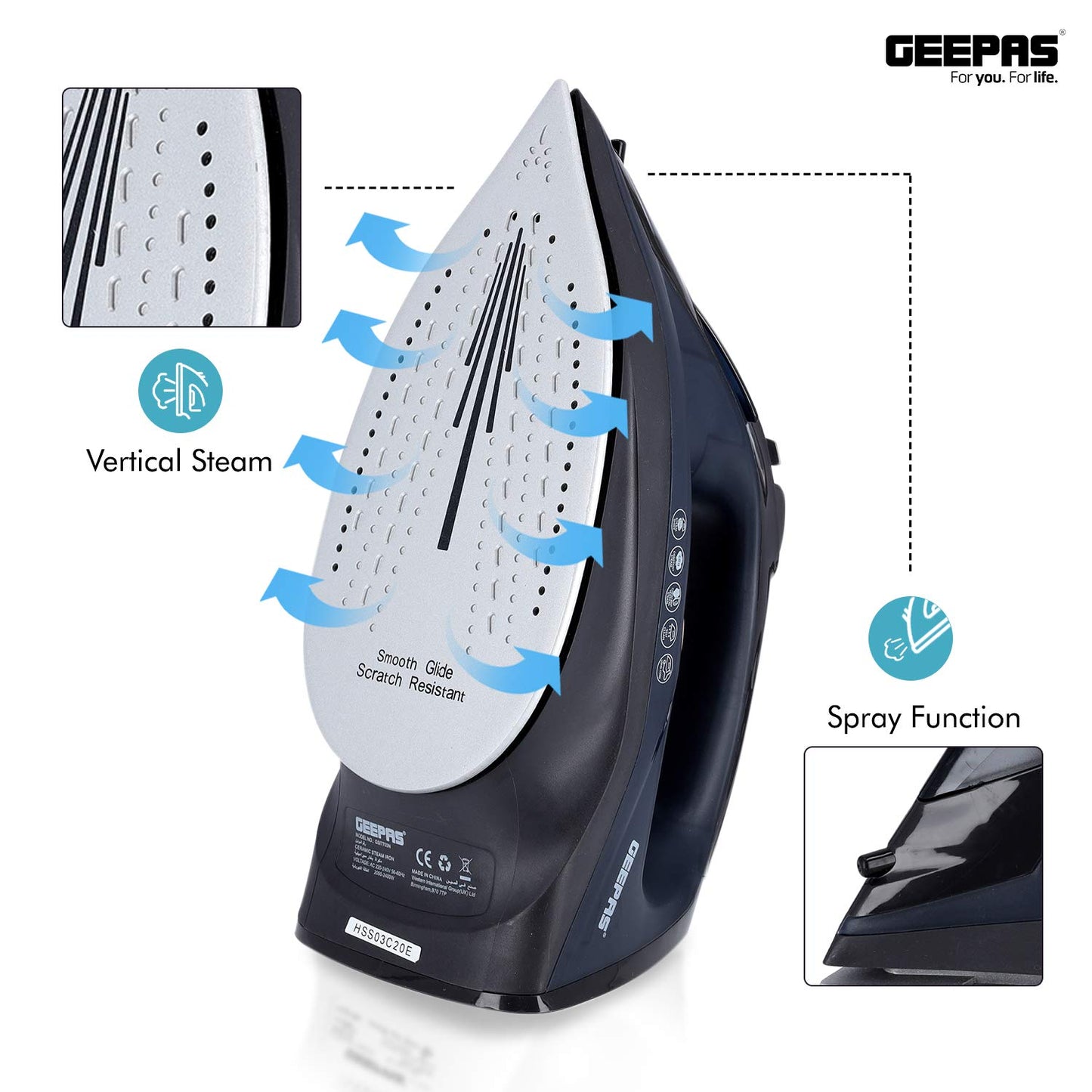 Geepas 2-in-1 Steam Iron, Adjustable Temperature Control, GSI7703 | Dry & Wet Steam Iron | Ceramic Soleplate | Dry/ Steam/ Burst of Steam/ Vertical Steam Function