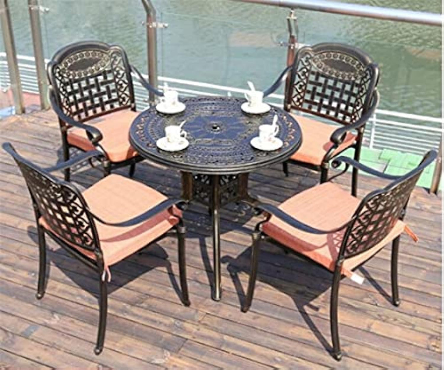 Blue River Outdoor All-Weather BBQ Cast Aluminum Dining Set for Patio, Balcony, Lawn, Garden, Backyard with Chairs(5PCS/Random Cushion)（415）