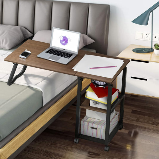 Overbed Table Desk with Wheels Over The Bed Table Adjustable Height Foldable Bedside Table Mobile Computer Rolling Laptop Desk Table Cart Gaming Desk Nightstand with Tray