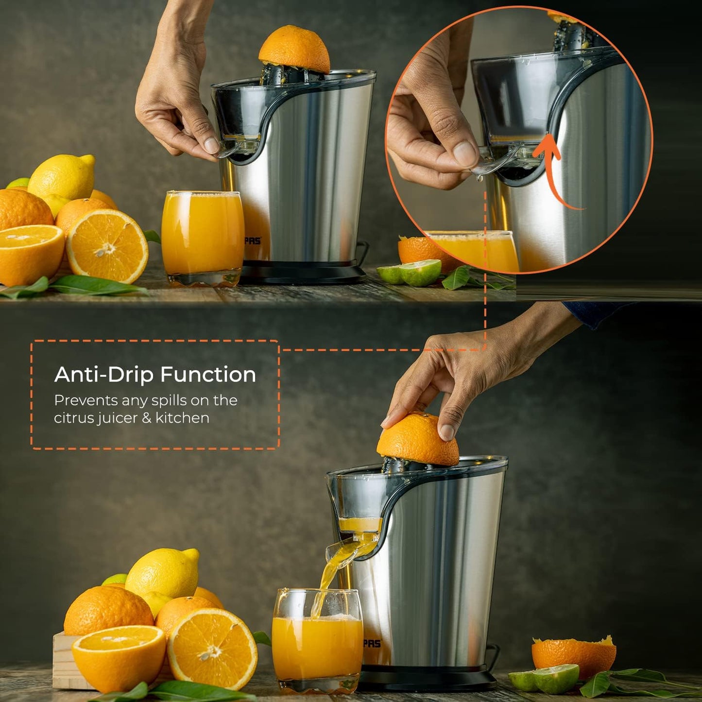 Geepas GCJ46013UK 100W Citrus Juicer Electric Orange Juicer | Professional Brushed Stainless Steel Fruit Juicer | Squeezes Oranges Lemons Lime Juices | Freshly Pressed Fruit Juices in Seconds