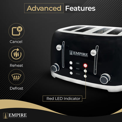 Empire Toaster 4 Slice 1600W, Black Stainless Steel Toaster for Various Bread Types, Dual Control Panels for Reheat, Defrost, Cancel, and Self-Centering Functions, 4 Slice Toaster with Crumb Tray