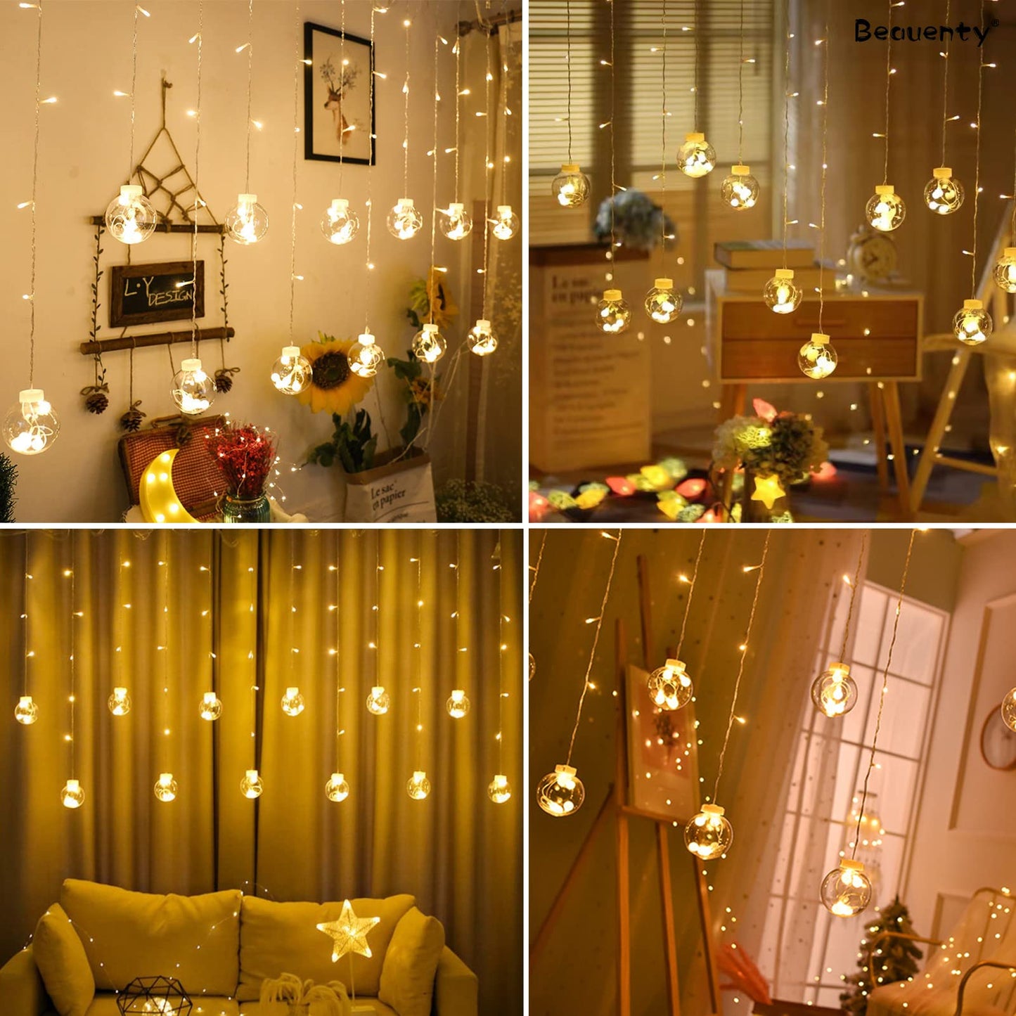 Beauenty Window Curtain String Light 300 LED 8 Modes USB Powered Waterproof Fairy String Lights Wedding Party Ramadan Home Garden Bedroom Outdoor Indoor Wall Christmas Decorations (Warm White)