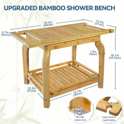 KingPavonini 2-Tier Bamboo Shower Bench for Inside Shower Shaving Legs, 25 Inch Waterproof Bathroom Bench Shower Stool with Storage Shelf, Safe & Stable for Seniors Adults Disabled Women (Black)