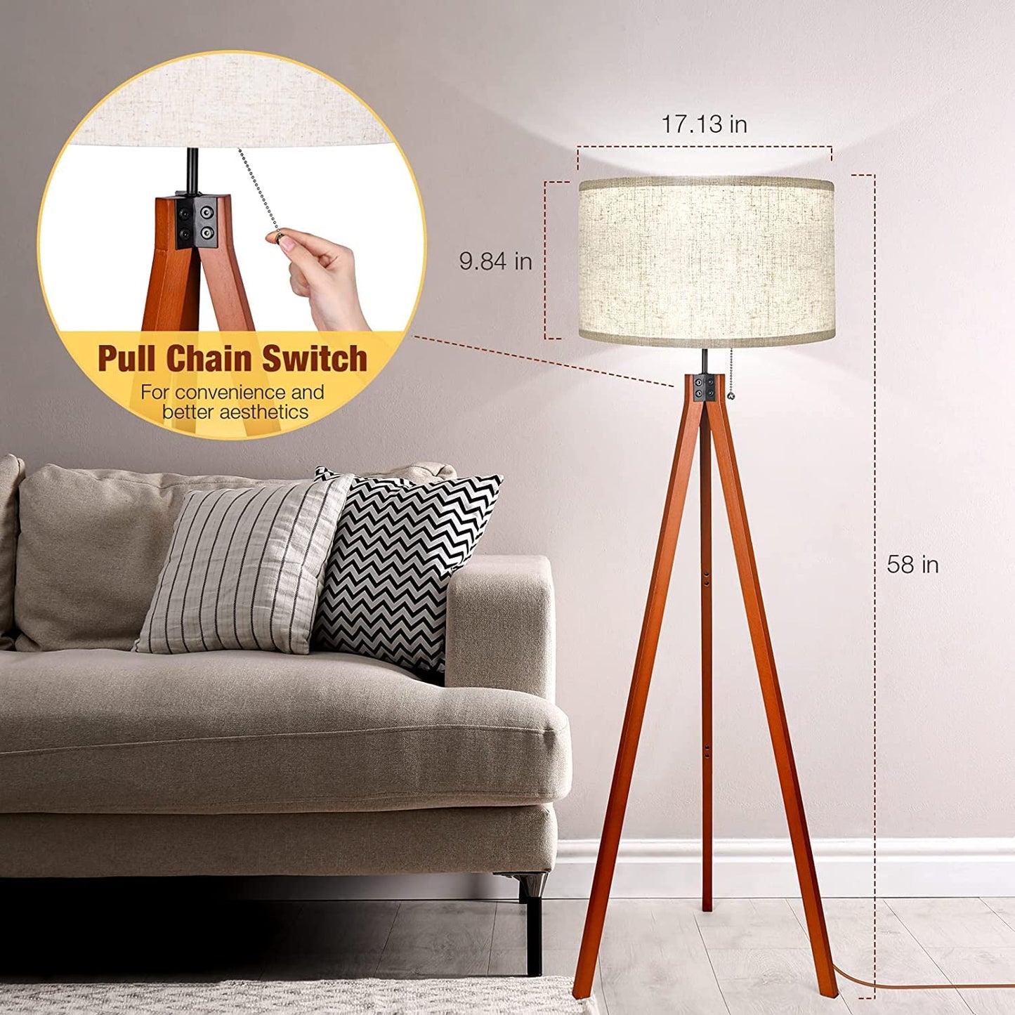 WAMBORY مصباح ارضي, Wood Tripod Floor Lamp, Mid Century Standing Lamp, Modern Design Studying Light for Living Room, Bedroom, Study Room and Office, Floor Lamp Shade with E26 Lamp Base