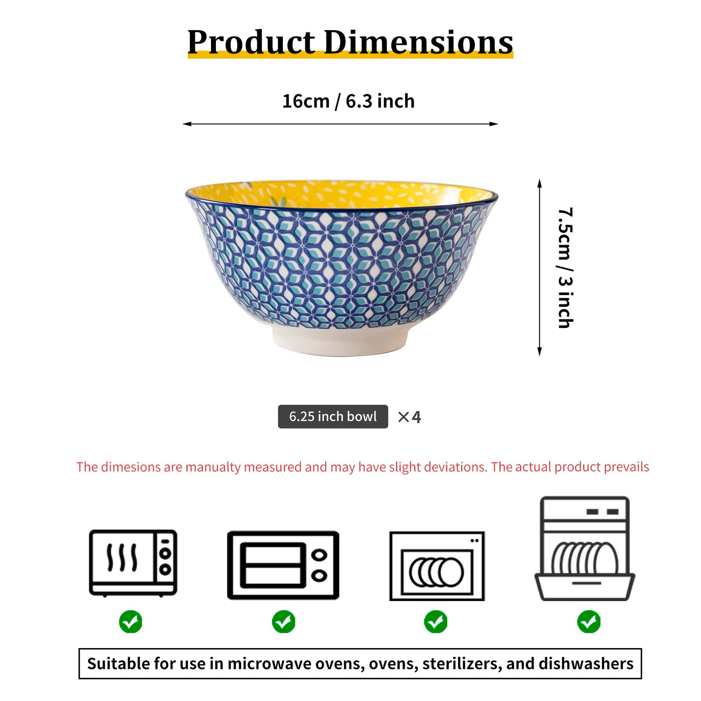 Techplus Set of 4 Blue Geometric Ceramic Bowls – 6.25 Inch Yellow Interior – Microwave, Dishwasher, Oven Safe – Ideal for Salads, Pasta, Soup – Modern Kitchen Gift