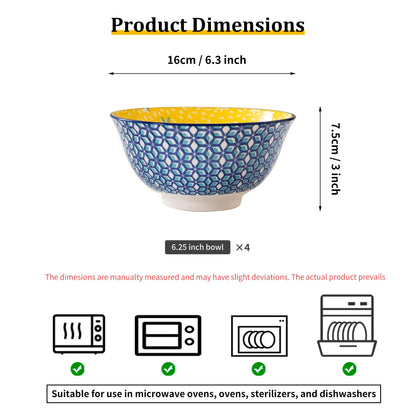 Techplus Set of 4 Blue Geometric Ceramic Bowls – 6.25 Inch Yellow Interior – Microwave, Dishwasher, Oven Safe – Ideal for Salads, Pasta, Soup – Modern Kitchen Gift