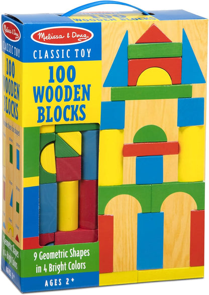 Melissa & Doug Wooden Building Blocks Set - 100 In 4 Colors And 9 Shapes