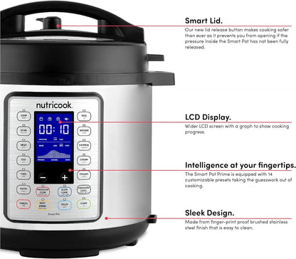 Nutricook Smart Pot 2 Prime 1000 Watts - 9 Appliances in 1, Pressure Cooker, Sauté Pan, Slow, Rice Cooker, Cake Maker, Steamer, Yogurt & Soup Maker and Food Warmer, 6L, Brushed Stainless Steel