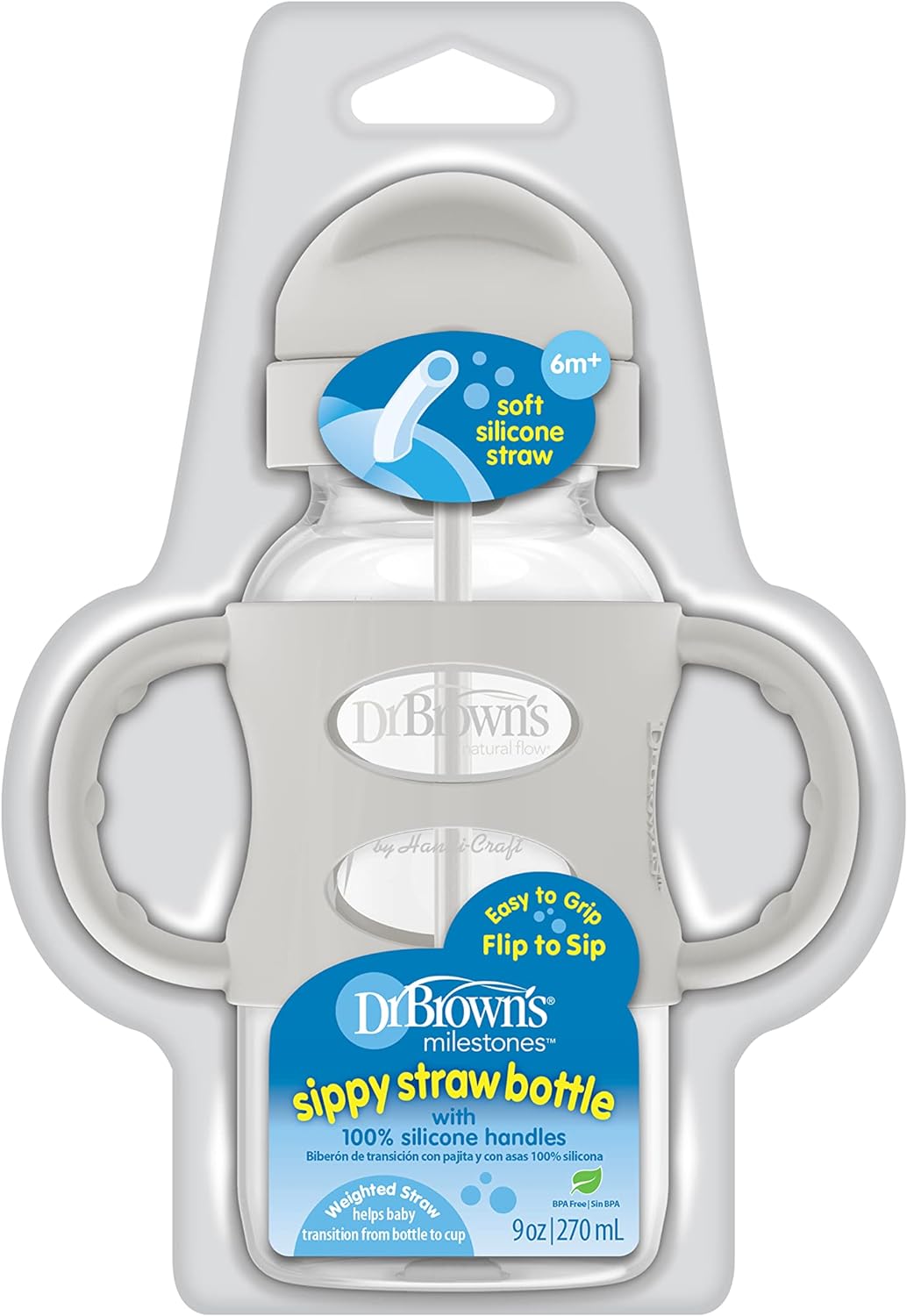 Dr. Brown’s® Milestones™ Narrow Sippy Straw Bottle with 100% Silicone Handles, 8oz/250mL, Gray & Blue, 2 Pack, 6m+