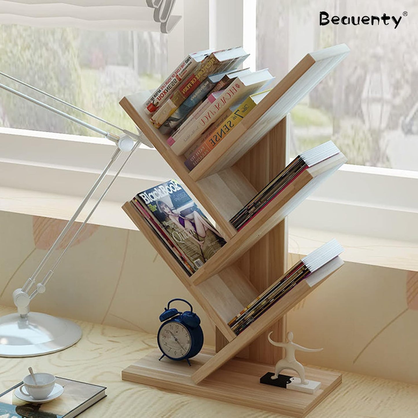 Beauenty Desktop Tree Bookshelf Display Storage Shelf 10 Tier, Wood Storage Rack Tree Bookcase With Drawer For Home School Book Magazine Office Study Table Bedroom (Style 2)