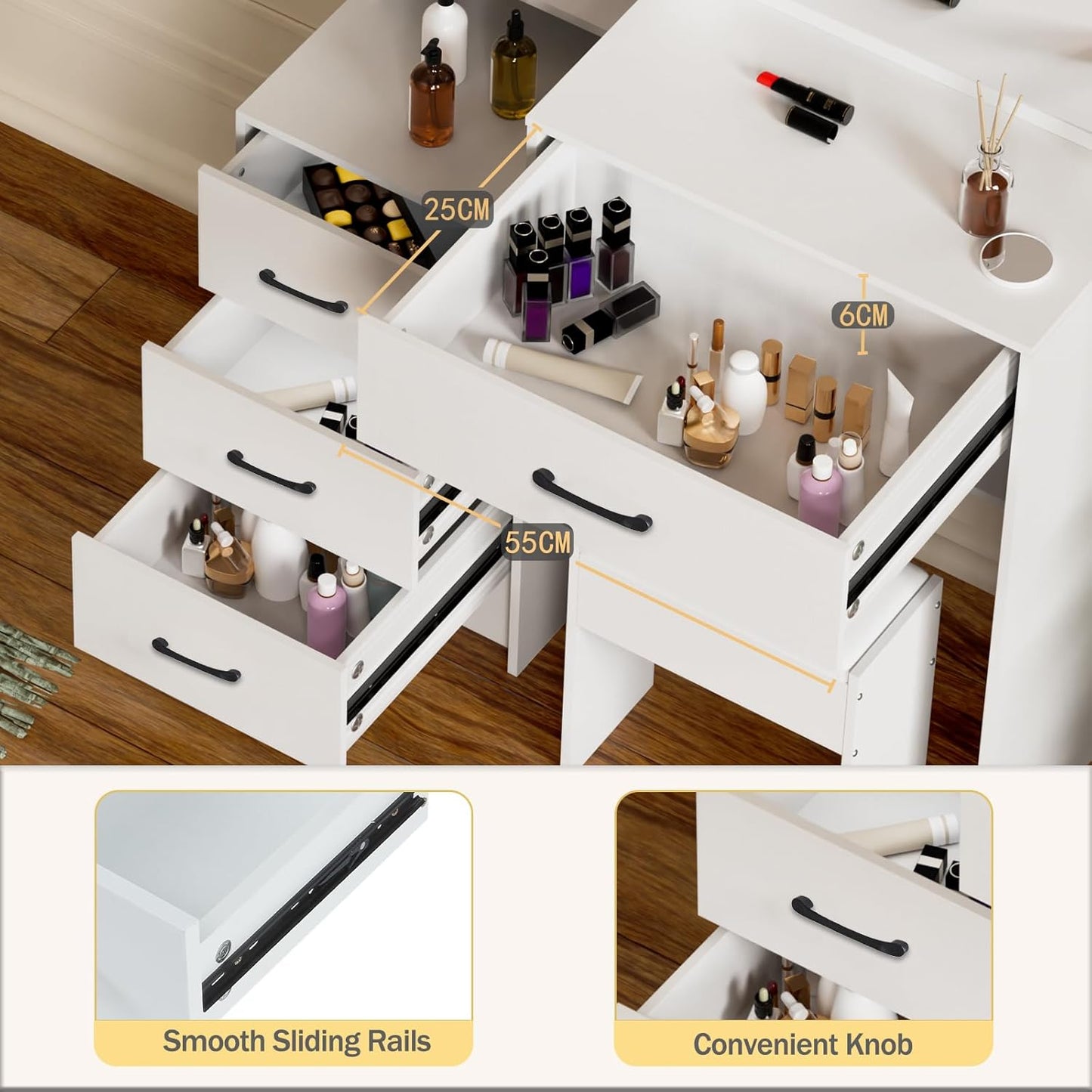 LIANWANG Dressing Table with LED Lighting, 3 Colour Temperatures, Adjustable Brightness, Dressing Table with Mirror for Make-Up, 6 Drawers, 1 Stool, 131 x 80 x 36 cm, White