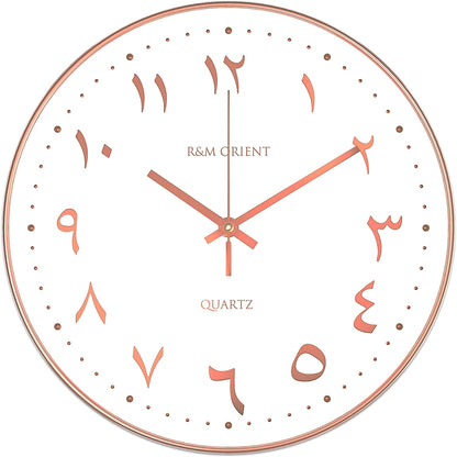 R&M ORIENT 30cm Arabic Wall Clock Round with creeping hands without ticking noise, silent quartz movement, easy to read, large wall clock for living room, office, kitchen, restaurant (Silver/Black)