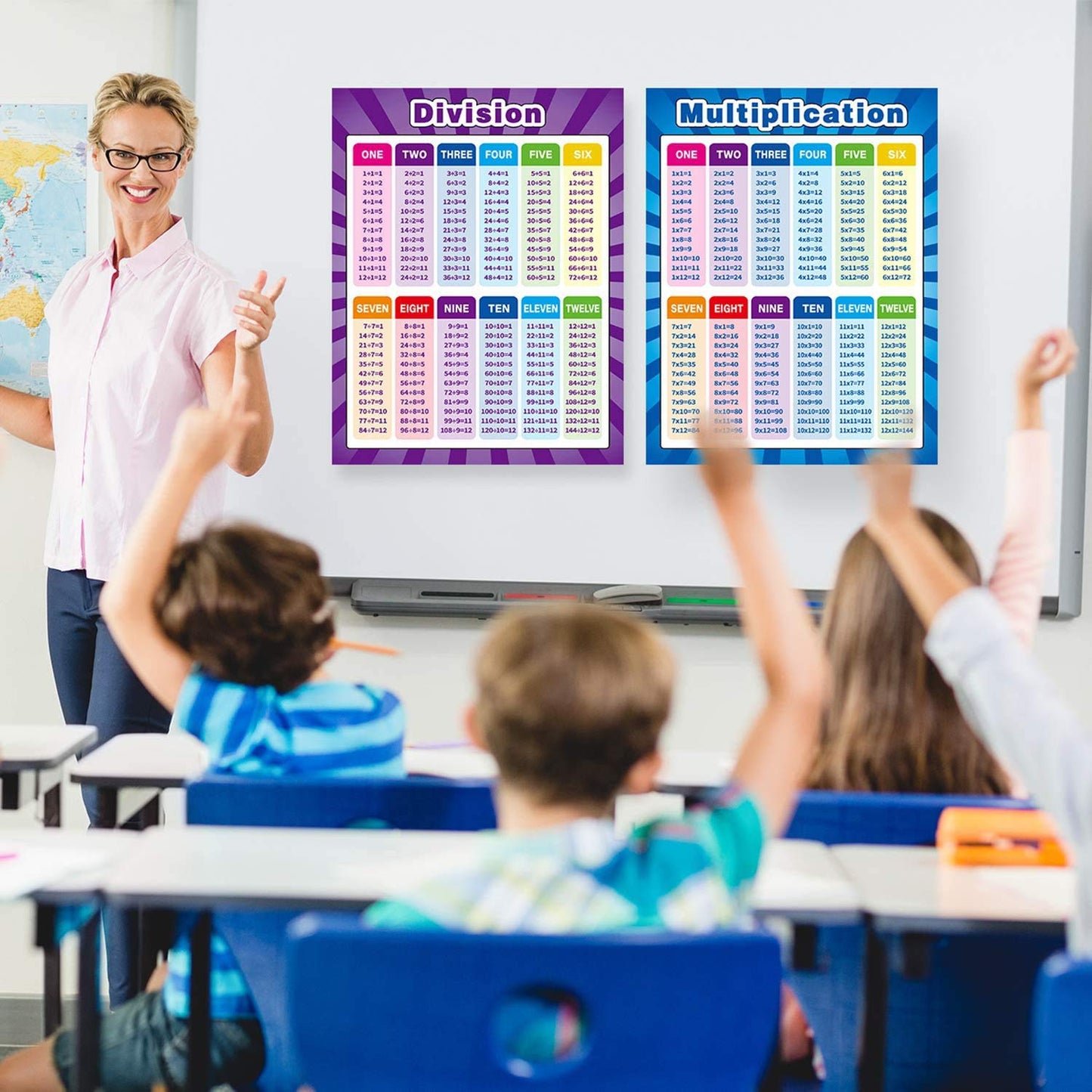 DELFINO Extra Large Educational Math Posters, Multiplication Division Addition Subtraction Educational Table Chart Posters for Kids, Elementary School, 17 x 22 Inch (Mixed Style,2 Pieces)