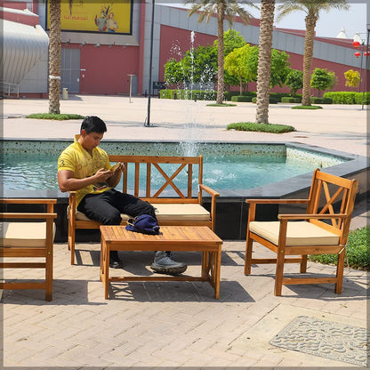 YATAI Acacia Wood 4 Seater Sofa Set with Table Garden for Outdoor Backyard Garden Wood Garden Dining Set - Wooden Sofa Chair Set