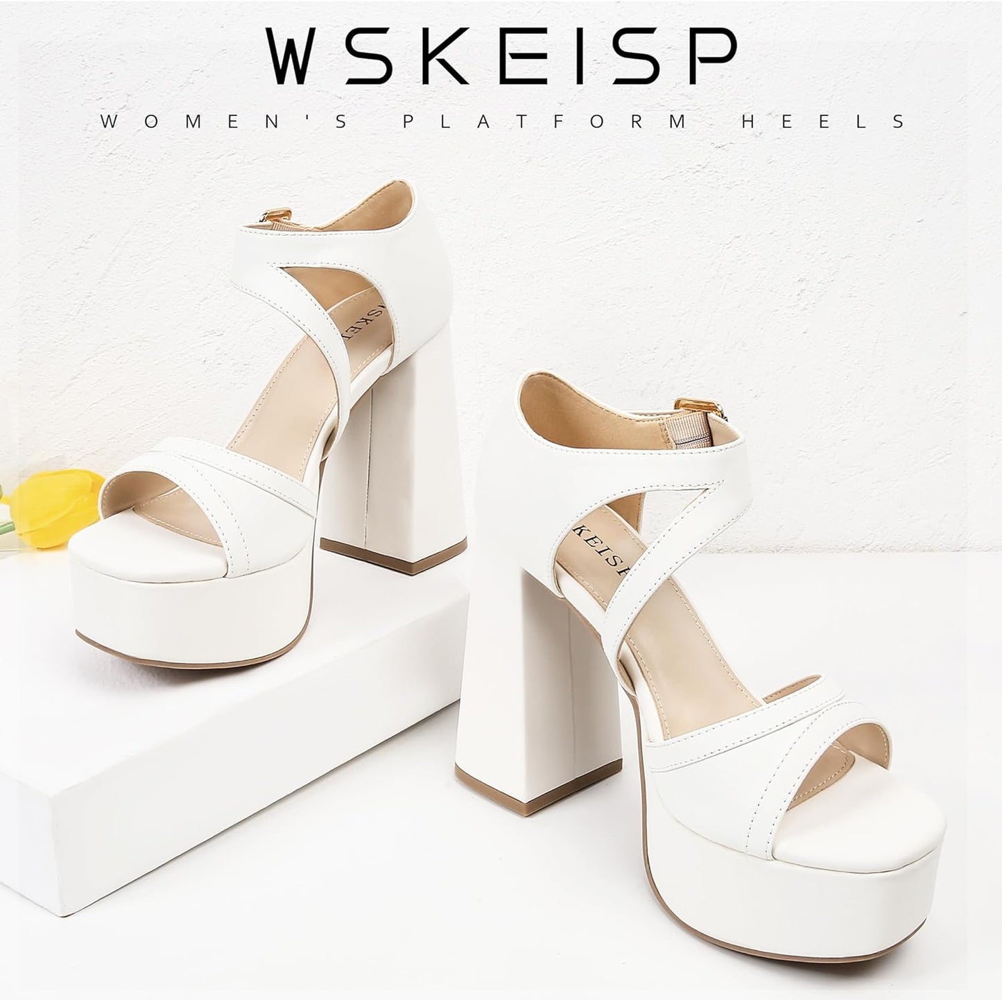 WSKEISP Platform Chunky Heels for Women Trendy Square Toe Heeled Sandals Black White Pink Silver Gold High Heels Ankle Strap Party Wedding Dress Pumps